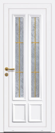 Panneau de porte d’entrée PVC vitré APHRODITE 2L blanc moulures thermoformées croissillons laiton