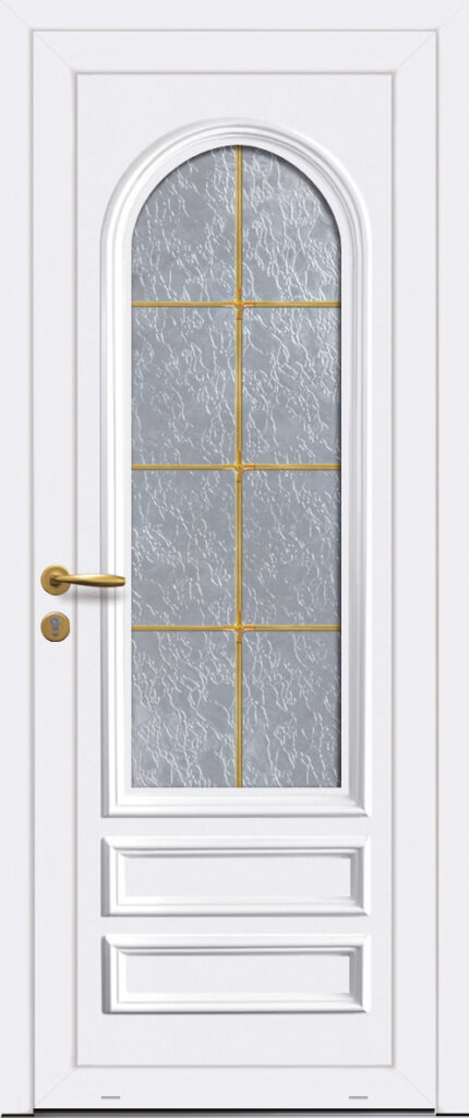 Panneau de porte d’entrée PVC vitré ZEUS 1L blanc moulures thermoformées et croisillons laiton