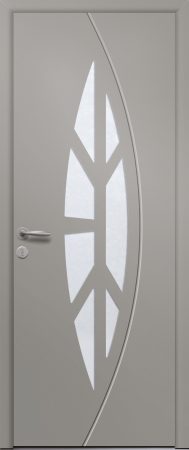 Porte d’entrée vitrée moderne DIOPSIDE en aluminium poignée new york coloris RAL 7030 Finitions mat gamme PASSAGE