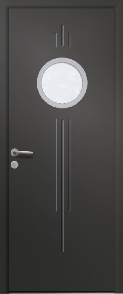 Porte d’entrée vitrée moderne ANTHRACITE 1 en aluminium poignée New York coloris RAL 7016 Finitions mat gamme PASSAGE pièces décoratives en aluminium