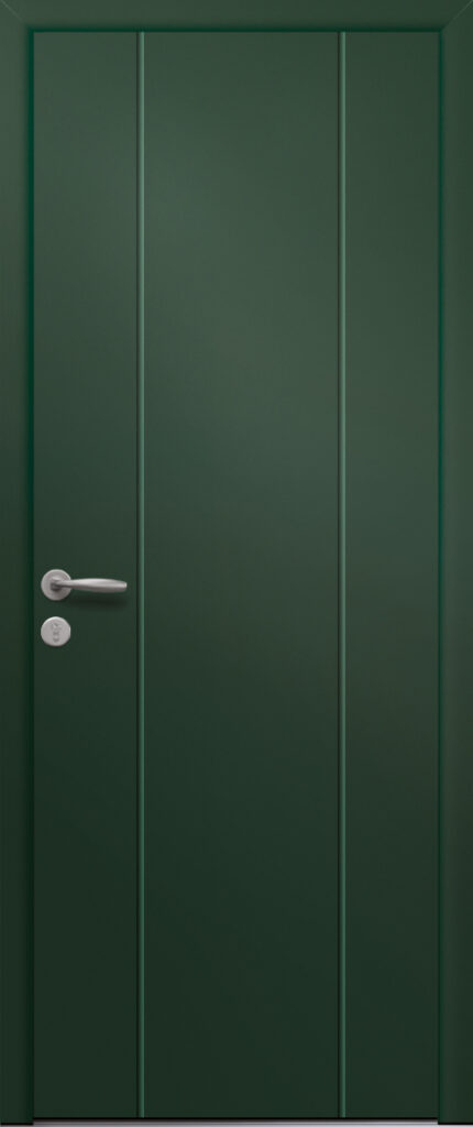 Porte d’entrée moderne en aluminium ARDOISE poignée New York coloris RAL gris 6005 Finitions granité gamme PASSAGE