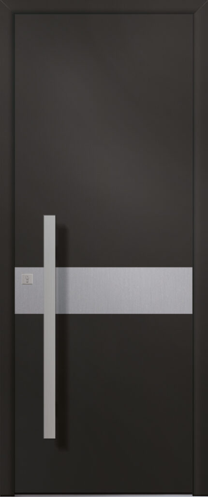 Porte d’entrée moderne ARGOS en aluminium poignée barre de tirage inox coloris RAL 9005 Finitions granité gamme PASSAGE pièces décoratives en aluminium