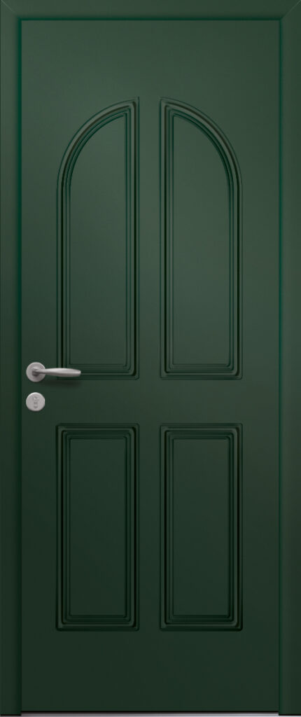 Porte d’entrée traditionnelle en aluminium et moulures embouties ATRIA poignée NEW YORK coloris RAL 6005 finitions granité gamme PASSAGE