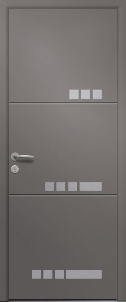 Porte d’entrée moderne en aluminium AUBERGINE poignée New York coloris RAL gris 7039 Finitions granité gamme PASSAGE