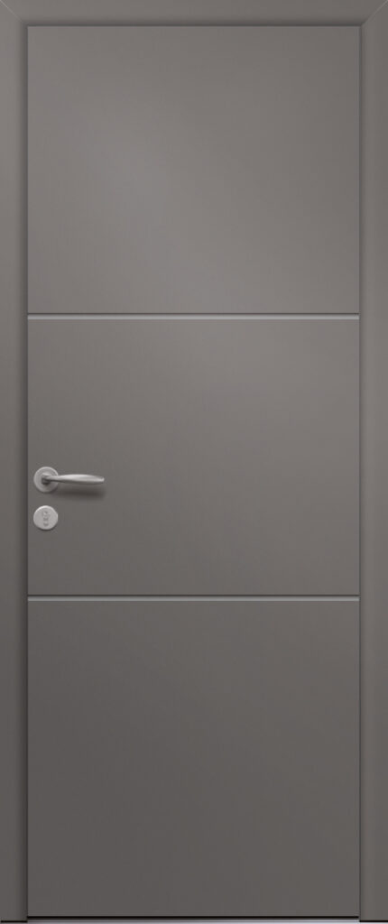 Porte d’entrée moderne en aluminium AUBERGINE poignée New York coloris RAL gris 7039 Finitions granité gamme PASSAGE