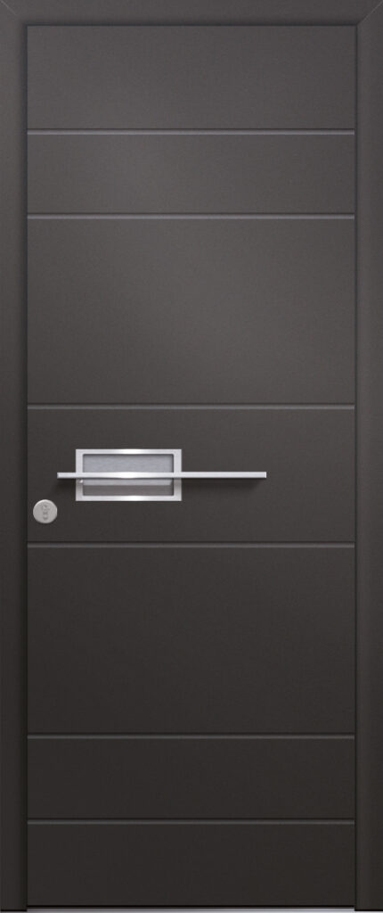 Porte d’entrée moderne en aluminium BASALTE poignée design intégrée en inox coloris RAL noir 2100 Finitions sablé gamme PASSAGE