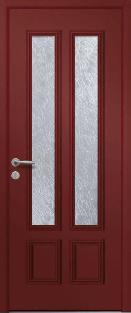 Porte d’entrée vitrée traditionnelle BELL 2 en aluminium avec moulures rapportées poignée NEW YORK coloris RAL 3004 finitions MAT gamme PASSAGE
