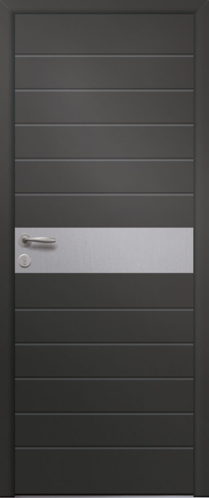 Porte d’entrée moderne BRUN en aluminium poignée new york coloris RAL 7016 Finitions granité gamme PASSAGE pièces décoratives en aluminium