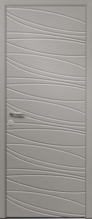 Porte d’entrée moderne en aluminium BRUNELLE poignée New York coloris RAL 7030 Finitions mat gamme PASSAGE