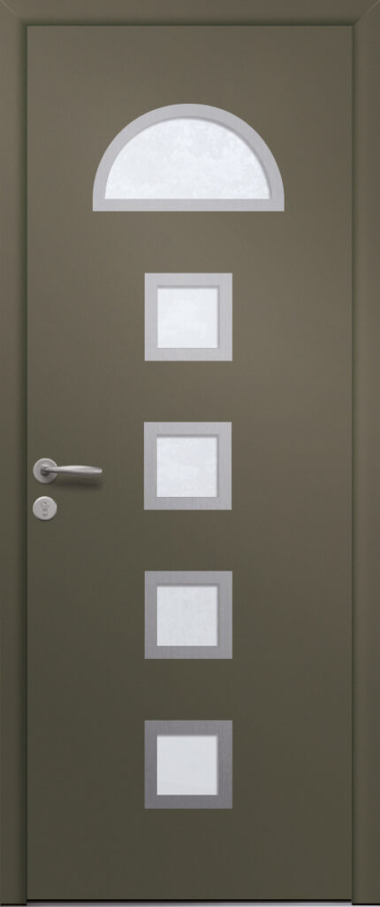 Porte d’entrée vitrée moderne en aluminium BUGA 5 poignée New York coloris RAL 7034 Finitions mat gamme PASSAGE pièces décoratives en aluminium