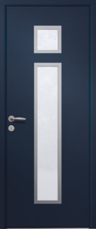 Porte d’entrée vitrée moderne en aluminium CALI 2 poignée New York coloris RAL 5003 Finitions mat gamme PASSAGE pièces décoratives en aluminium