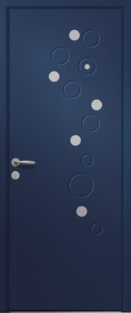 Porte d’entrée moderne en aluminium CAPUCINE poignée New York coloris RAL bleu canon Finitions mat gamme PASSAGE pièces décoratives en aluminium