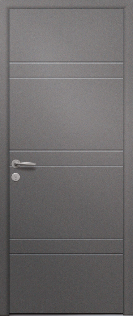 Porte d’entrée moderne en aluminium CARMIN poignée New York coloris RAL gris 2900 Finitions sablé gamme PASSAGE