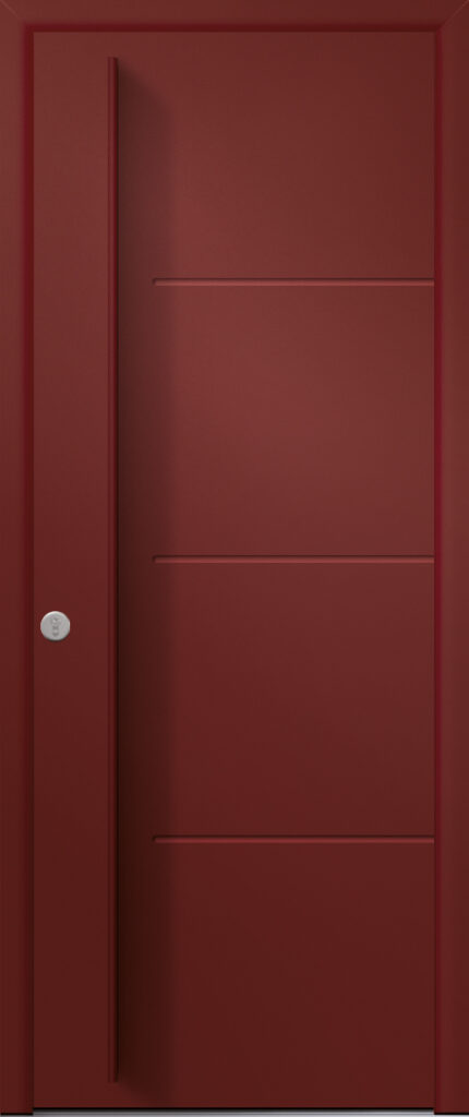 Porte d’entrée moderne en aluminium CIPOLIN B poignée en saillie à la couleur de l'ouvrant coloris RAL 3004 Finitions granité gamme PASSAGE