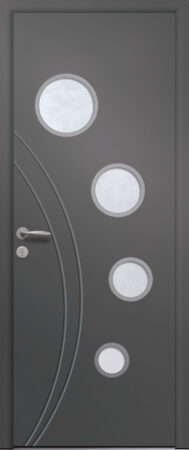 Porte d’entrée vitrée moderne COBALT 4 en aluminium poignée New York coloris RAL 7012 Finitions mat gamme PASSAGE pièces décoratives en aluminium