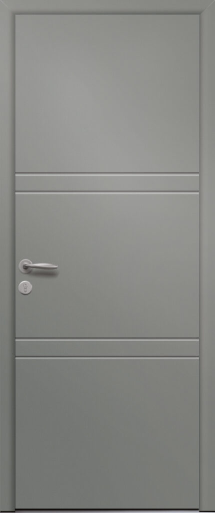 Porte d’entrée moderne en aluminium COQUELICOT poignée New York coloris RAL 7023 Finitions mat gamme PASSAGE