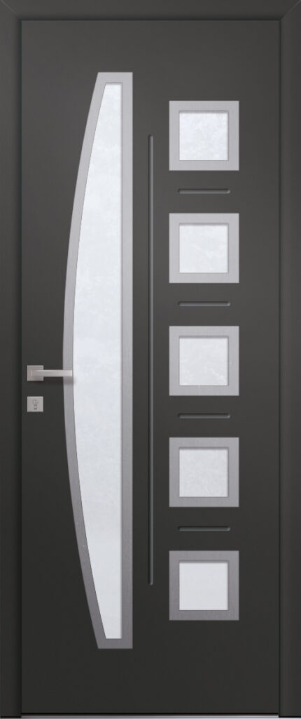 Porte d’entrée vitrée moderne en aluminium CORAIL 6 poignée New York coloris RAL 7016 Finitions granité gamme PASSAGE pièces décoratives en aluminium