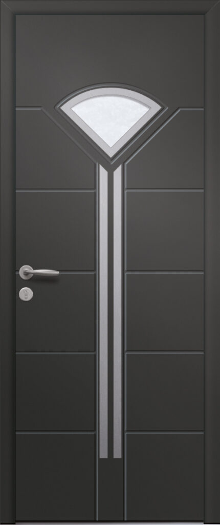 Porte d’entrée vitrée moderne en aluminium DRAGON 1 poignée New York coloris RAL 7016 Finitions granité gamme PASSAGE pièces décoratives en aluminium