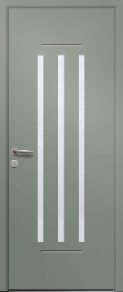 Porte d’entrée vitrée moderne en aluminium EBENE 3 poignée New York coloris RAL 7033 Finitions mat gamme PASSAGE