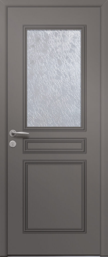 Porte d’entrée vitrée traditionnelle en aluminium et moulures rapportées EDISON 1 poignée NEW YORK coloris RAL 7039 finitions granité gamme PASSAGE