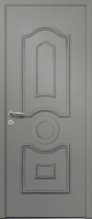 Porte d’entrée traditionnelle en aluminium et moulures embouties ELECTRA poignée NEW YORK coloris RAL 7023 finitions mat gamme PASSAGE