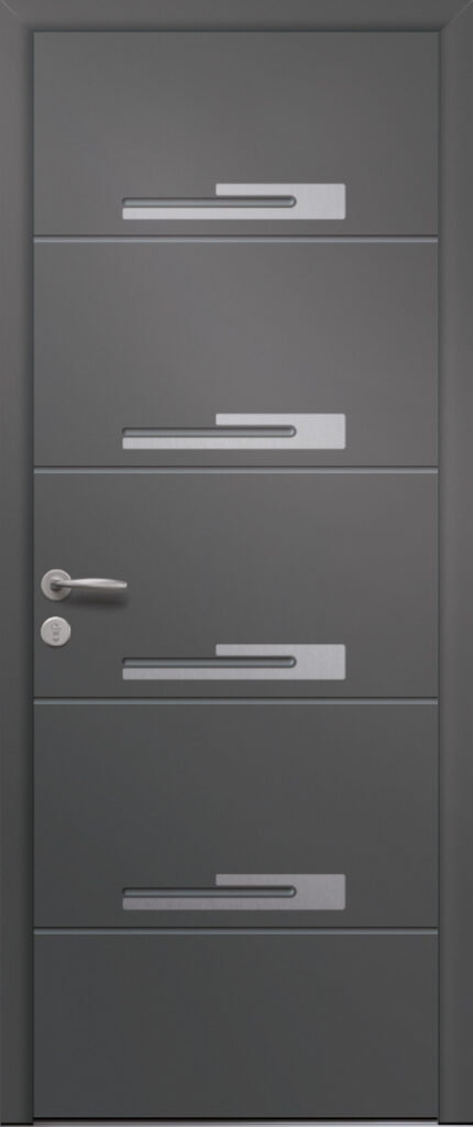 Porte d’entrée moderne EURYALE en aluminium poignée new york coloris RAL 7012 noir Finitions mat gamme PASSAGE pièces décoratives en aluminium