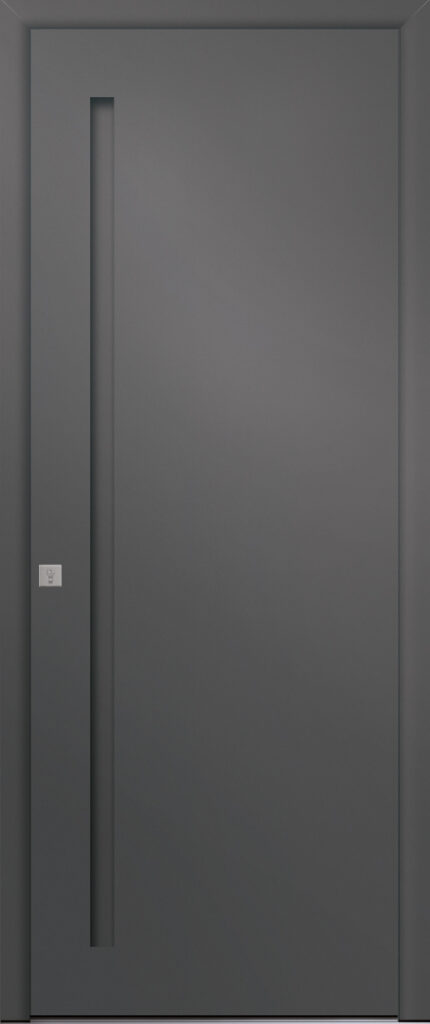 Porte d’entrée moderne en aluminium GRAPHITE A poignée design en saillie laquée à la couleur de l'ouvrant coloris RAL 7033 Finitions sablé gamme PASSAGE
