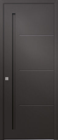 Porte d’entrée moderne en aluminium GRAPHITE B poignée design en saillie laquée à la couleur de l'ouvrant coloris RAL noir 2100 Finitions sablé gamme PASSAGE