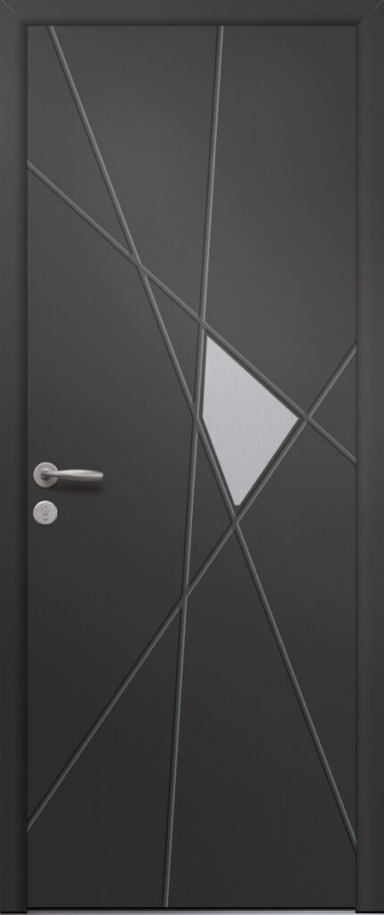 Porte d’entrée moderne en aluminium HIBISCUS poignée New York coloris RAL 9005 Finitions mat gamme PASSAGE pièce décorative en aluminium
