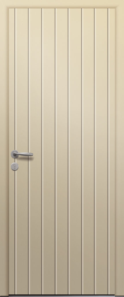 Porte d’entrée moderne en aluminium MAUVE 1 poignée New York coloris RAL 1015 Finitions mat gamme PASSAGE
