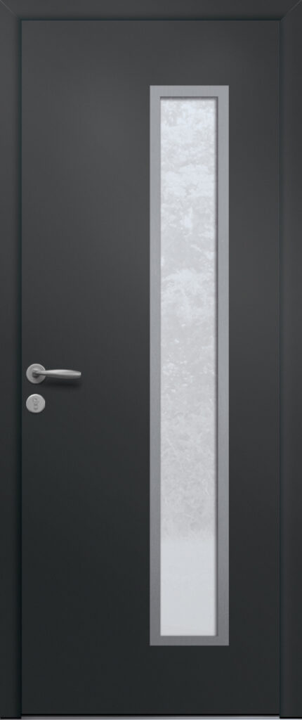 Porte d’entrée vitrée moderne en aluminium MEXICO 1 poignée New York coloris RAL 9005 Finitions granité gamme PASSAGE pièce décorative en aluminium