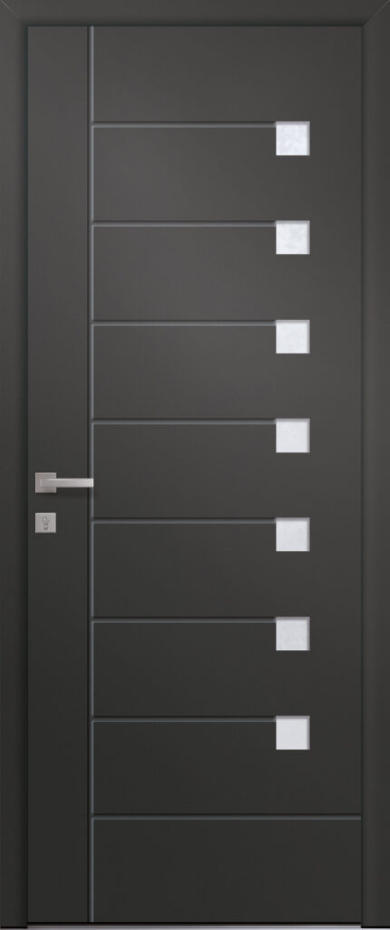 Porte d’entrée vitrée moderne MIEL 7 en aluminium poignée Dallas coloris RAL 7016 Finitions granité gamme PASSAGE
