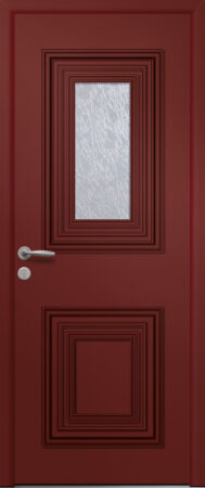 Porte d’entrée vitrée traditionnelle en aluminium MORENO 1 avec moulures rapportées et poignée NEW YORK coloris RAL 3004 finitions mat gamme PASSAGE