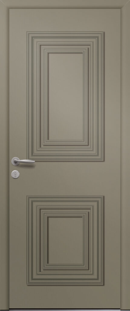 Porte d’entrée traditionnelle en aluminium MORENO avec moulures rapportées et poignée NEW YORK coloris RAL 7034 finitions granité gamme PASSAGE