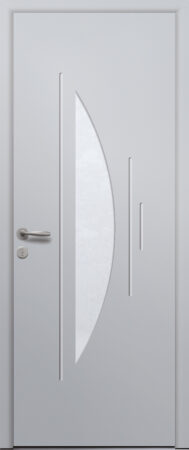 Porte d’entrée vitrée moderne en aluminium NACARAT 1 poignée New York coloris RAL 7035 Finitions mat gamme PASSAGE