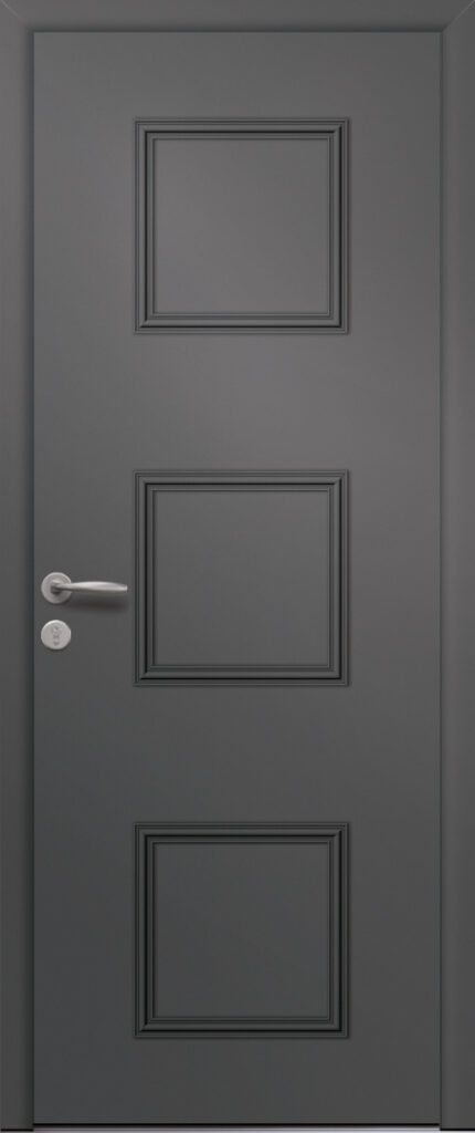 Porte d’entrée traditionnelle en aluminium NEWTON avec moulures rapportées et poignée NEW YORK coloris RAL 7012 finitions granité gamme PASSAGE