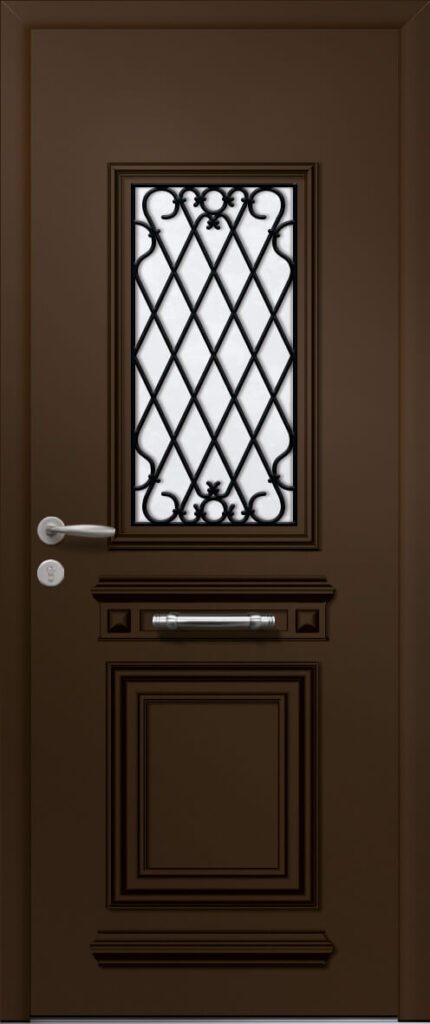 Porte d’entrée traditionnelle vitrée NOBEL 1 en aluminium et sa grille décorative rustica avec moulures rapportées poignée NEW YORK et bâton de tirage coloris RAL 2525 mars finitions sablé gamme PASSAGE