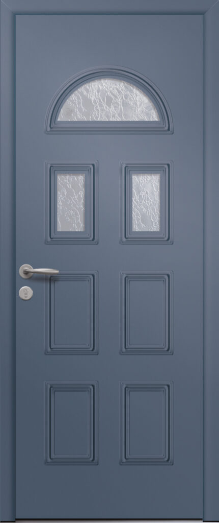Porte d’entrée vitrée traditionnelle en aluminium et moulures embouties ORION 3 poignée NEW YORK coloris RAL 7031 finitions mat gamme PASSAGE