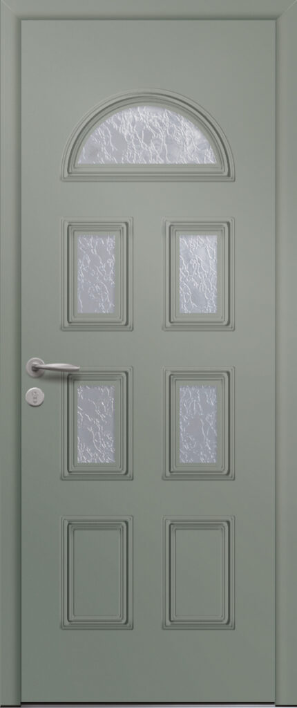 Porte d’entrée vitrée traditionnelle en aluminium et moulures embouties ORION 5 poignée NEW YORK coloris RAL 7033 finitions granité gamme PASSAGE