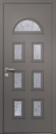 Porte d’entrée traditionnelle en aluminium et moulures embouties ORION 7 poignée NEW YORK coloris RAL 7039 finitions granité gamme PASSAGE