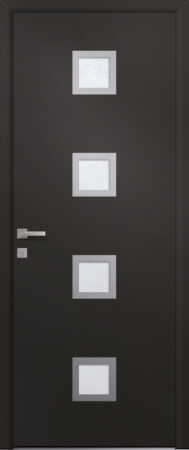 Porte d’entrée vitrée moderne en aluminium ORURO 4 poignée New York coloris RAL 9005 Finitions mat gamme PASSAGE pièces décoratives en aluminium