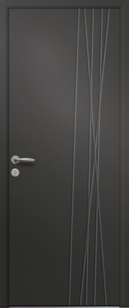 Porte d’entrée moderne PARME en aluminium poignée New york coloris RAL 7016 Finitions granité gamme PASSAGE