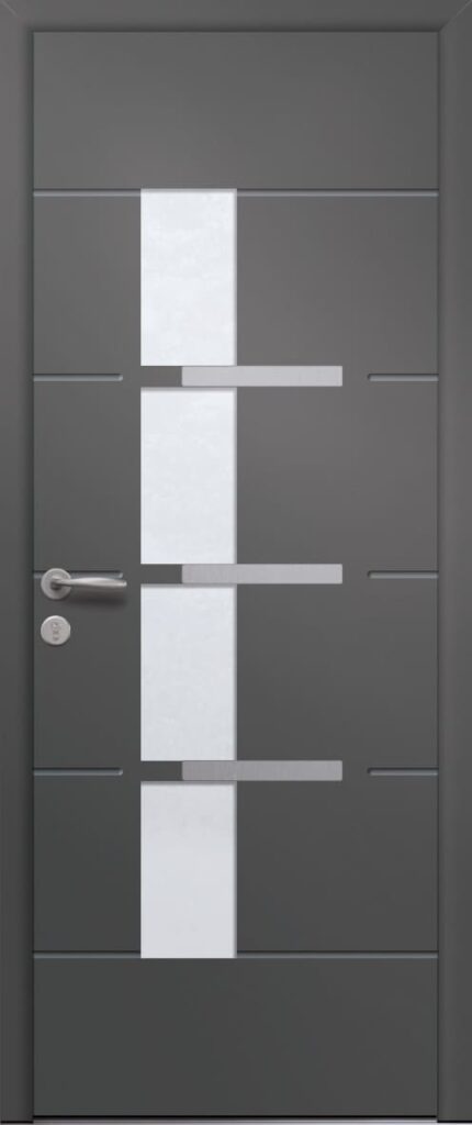 Porte d’entrée vitrée moderne PASTEL 4 en aluminium poignée NEW YORKpièces décoratives en aluminium coloris RAL 7016 gris anthracite Finitions mat gamme PASSAGE