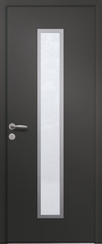 Porte d’entrée vitrée moderne en aluminium PASTO 1 poignée New York coloris RAL 7016 Finitions mat gamme PASSAGE pièce décorative en aluminium