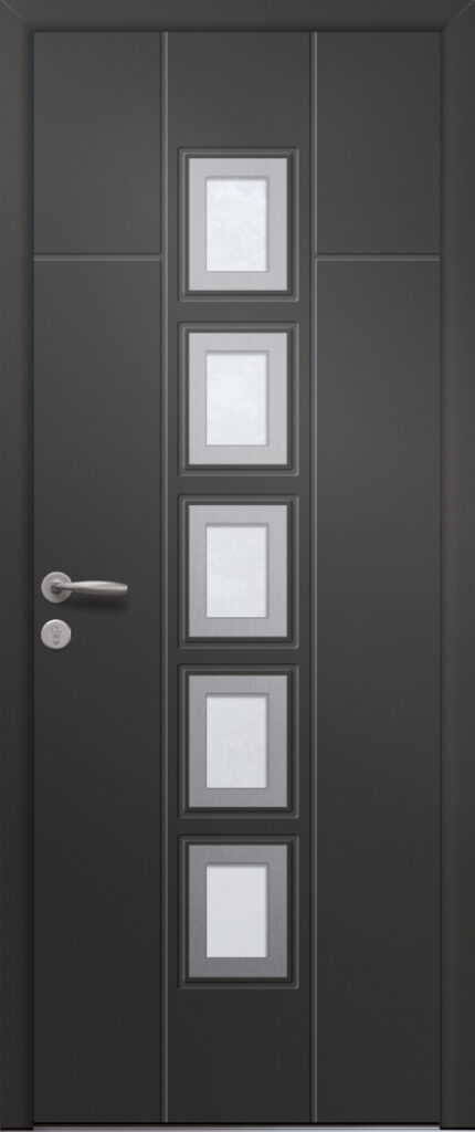 Porte d’entrée vitrée moderne en aluminium PEGASE 5 poignée New York coloris RAL 7016 Finitions granité gamme PASSAGE pièces décoratives en aluminium