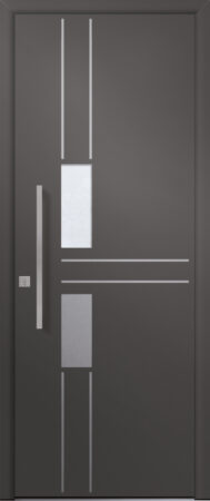 Porte d’entrée vitrée moderne PERLE 1 en aluminium poignée barre de tirage coloris RAL gris 2900 Finitions sablé gamme PASSAGE pièce décorative en aluminium et joncs alunox