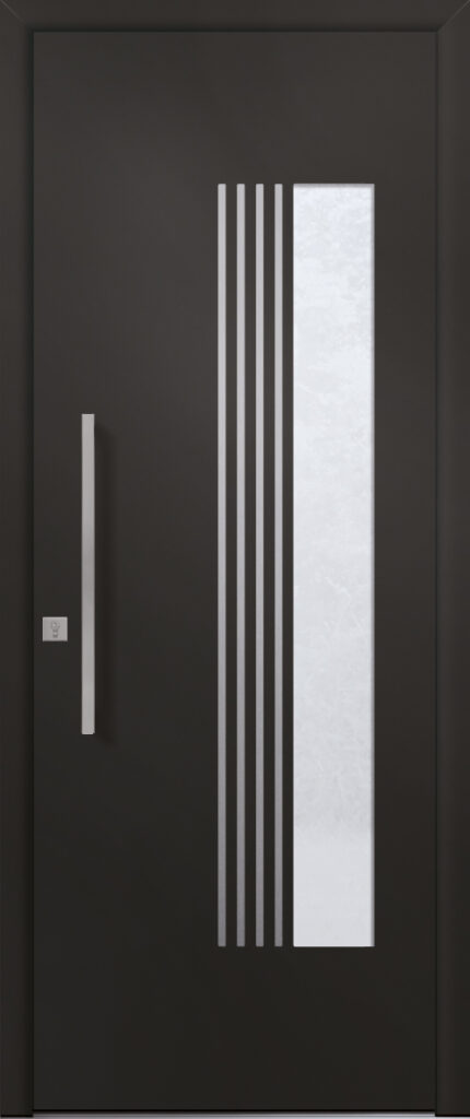Porte d’entrée vitrée moderne PERSAN 1 en aluminium poignée barre de tirage coloris RAL 9005 Finitions granité gamme PASSAGE et joncs alunox