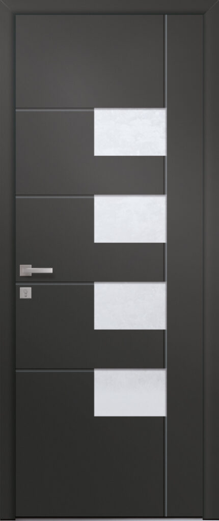 Porte d’entrée vitrée moderne PISTACHE 4 en aluminium poignée DALLAS coloris RAL 7016 Finitions granité gamme PASSAGE