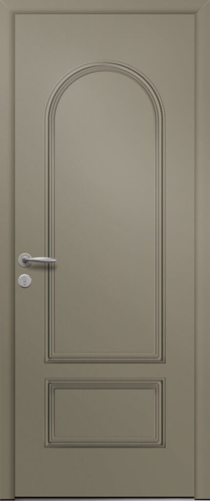 Porte d’entrée traditionnelle en aluminium et moulures embouties POLARIS poignée NEW YORK coloris RAL 7034 finitions mat gamme PASSAGE