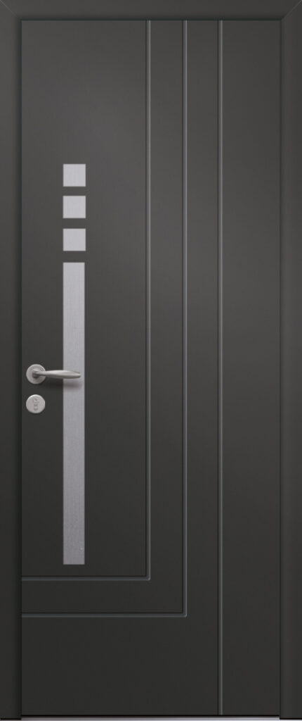 Porte d’entrée moderne en aluminium POURPRE poignée New York coloris RAL 7016 Finitions mat gamme PASSAGE pièces décoratives en aluminium